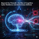 AI digital brain with a glowing shield blocking cyber attacks.