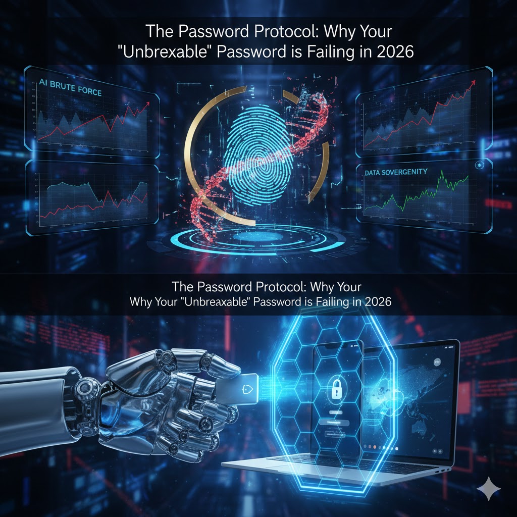 Futuristic digital security concept showing AI brute force attacks on data versus secure biometric fingerprint authentication and physical passkeys on a laptop in 2026.