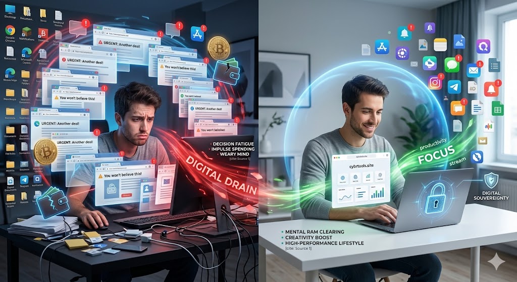 Comparison of a person stressed by 100+ browser tabs vs. a focused creator using a minimalist 'cybrtools.site' workspace in 2026.