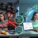 Comparison of an outdated antivirus setup vs. a modern 2026 "Security Tool Stack" featuring cybrtools.site to protect against AI threats.