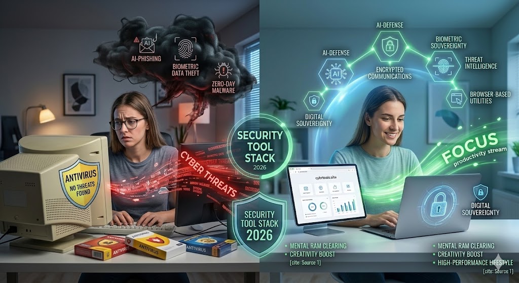 Comparison of an outdated antivirus setup vs. a modern 2026 "Security Tool Stack" featuring cybrtools.site to protect against AI threats.