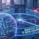 Digital figure forming an "Identity Perimeter" shield, blocking incoming red pixelated deepfake and hacker AI attacks.